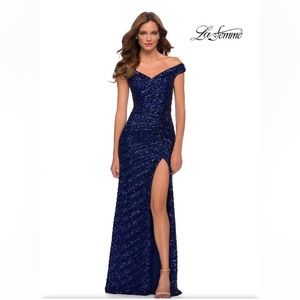 NWT La Femme Sexy Blue/BLK Sleek Cocktail Gala Prom Black Tie High Slit